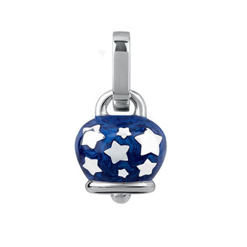 Ciondolo campanella micro double face in argento e smalto blu perlato, con stelline sul retro